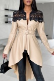 Casual Solid Lace Patchwork Asymmetrical Zipper Collar Outerwear