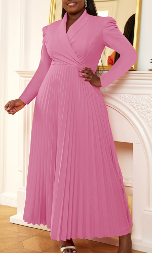 Casual Solid Patchwork Turndown Collar Pleated Plus Size Dresses