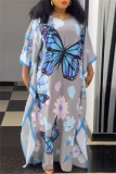 Casual Butterfly Print Patchwork O Neck Long Dress Plus Size Dresses