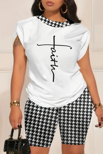 Casual Print Patchwork O Neck Short Sleeve Two Pieces