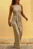 Casual Solid Sequins Patchwork Backless With Belt O Neck Regular Jumpsuits