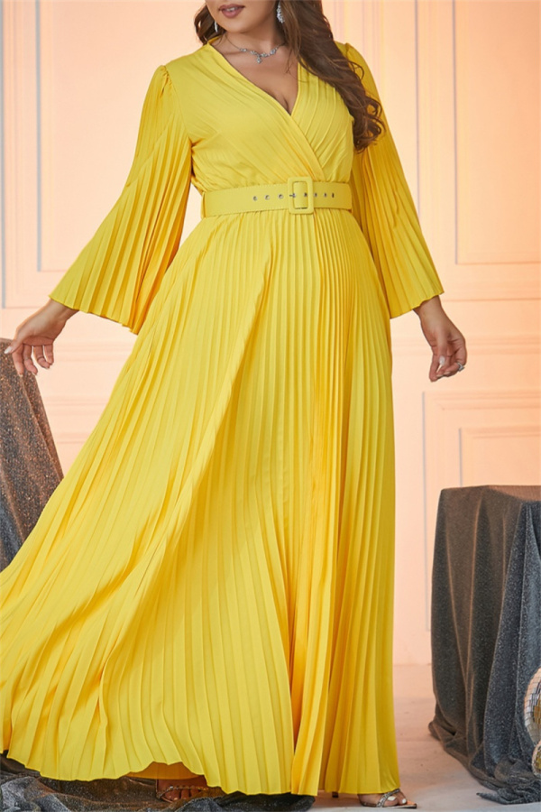 Casual Solid With Belt Pleated V Neck Long Dress Plus Size Dresses