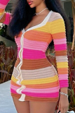 Sweet Color Block Patchwork Buckle V Neck Wrapped Skirt Dresses
