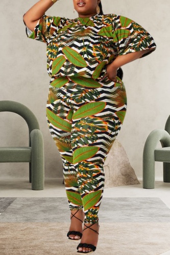 Casual Print Basic O Neck Plus Size Two Pieces