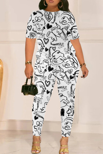 Casual Print Basic O Neck Short Sleeve Two Pieces