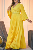 Casual Solid With Belt Pleated V Neck Long Dress Plus Size Dresses