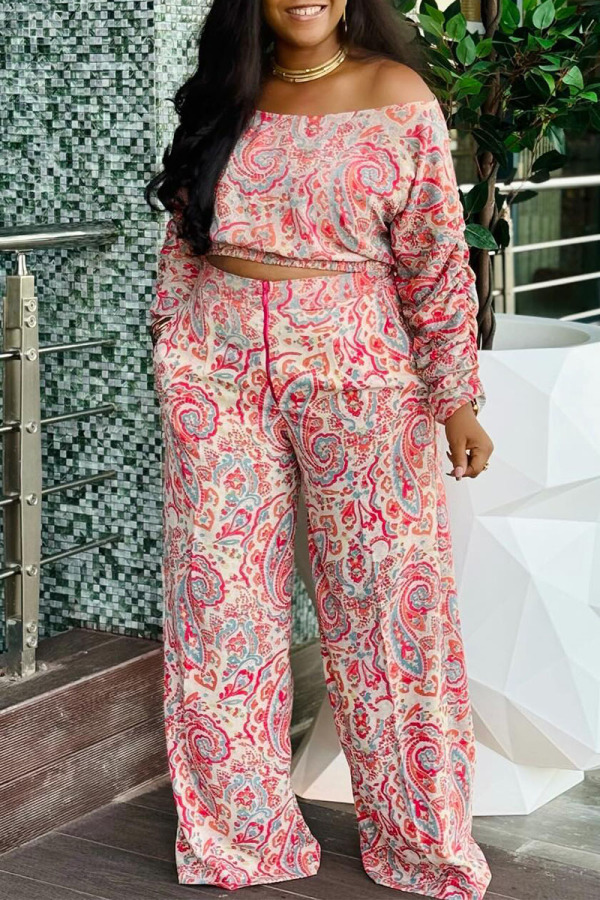 Graphic Print Off Shoulder Long Sleeve Crop Top and Wide Leg Pant Vacation Daily Matching Set