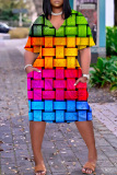 Plus Size Rainbow Colorblock V Neck Short Sleeve T-shirt Dresses