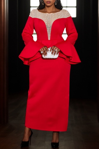 Casual Patchwork Solid See-through Beading O Neck Long Sleeve Dresses