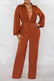 Red Street Solid Patchwork Turndown Collar Boot Cut Jumpsuits