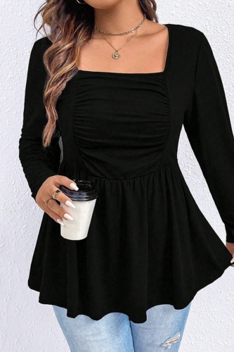 Casual Solid Patchwork Square Collar Plus Size Tops