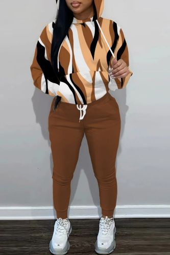 Casual Print Basic Hooded Collar Long Sleeve Two Pieces