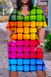 Plus Size Rainbow Colorblock V Neck Short Sleeve T-shirt Dresses