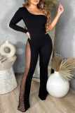 Casual Solid See-through Backless Oblique Collar Skinny Jumpsuits