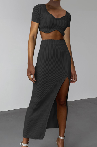 Sexy Solid Patchwork Slit Asymmetrical Collar Short Sleeve Two Pieces