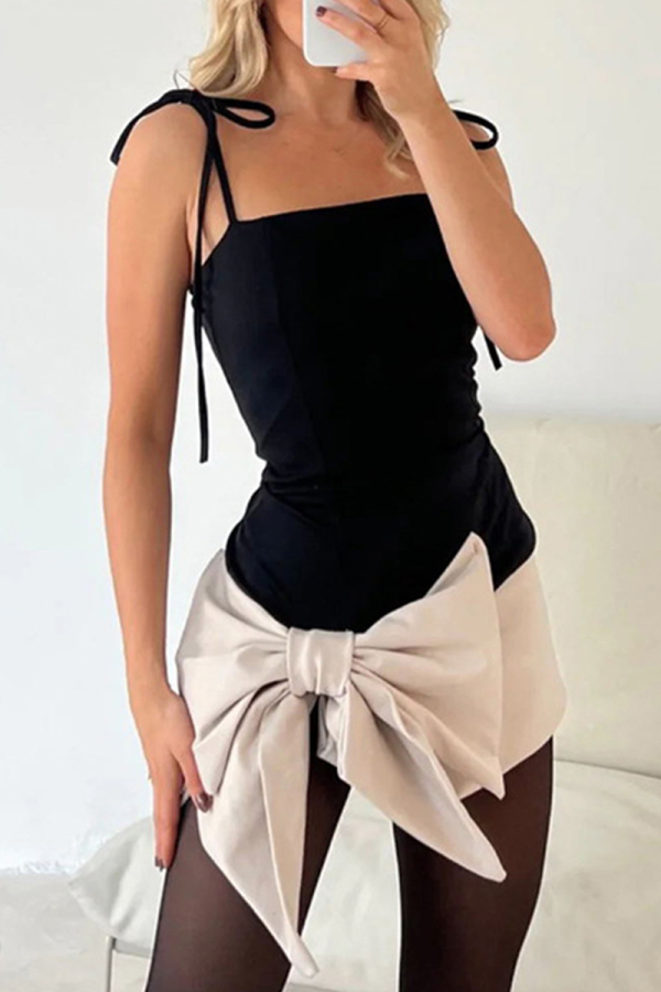 Sexy Formal Solid Frenulum With Bow Square Collar Sling Dress Dresses
