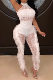 Sexy Solid Patchwork See-through Feathers Half A Turtleneck Skinny Jumpsuits