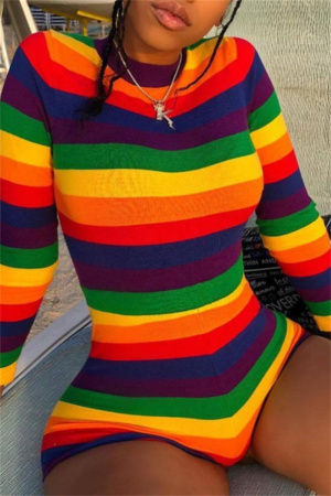 Women Rainbow Sexy Casual Striped Round Neck  Long Sleeve Skinny Playsuit Rompers
