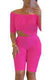 Pink Casual Solid Patchwork Off the Shoulder Three Quarter Two Pieces