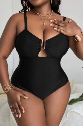 Sexy Solid Hollowed Out Backless Spaghetti Strap Plus Size Swimwear (With Paddings)