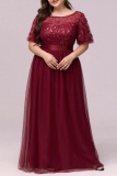 Formal Solid Embroidered Sequins Patchwork O Neck Long Dress Plus Size Dresses