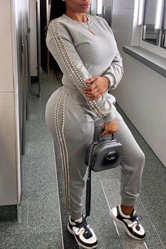 Casual Solid Patchwork Hot Drill O Neck Long Sleeve Two Pieces