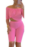 Pink Casual Solid Patchwork Off the Shoulder Three Quarter Two Pieces