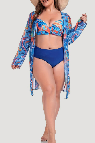 Sexy Print Basic Plus Size Swimwear Three Piece Set (With Paddings)