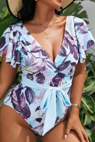 Sexy Print Patchwork V Neck Plus Size Swimwear (With Paddings)
