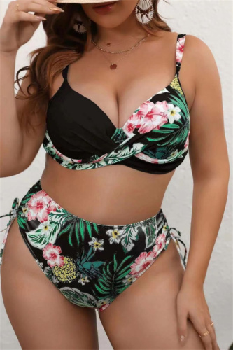Sexy Print Patchwork Backless Spaghetti Strap Plus Size Swimwear (With Paddings)