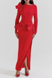 Celebrities Elegant Solid Backless Slit With Bow O Neck Wrapped Skirt Dresses