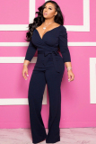 Wine Red Sexy Solid Patchwork Long Sleeve V Neck Jumpsuits
