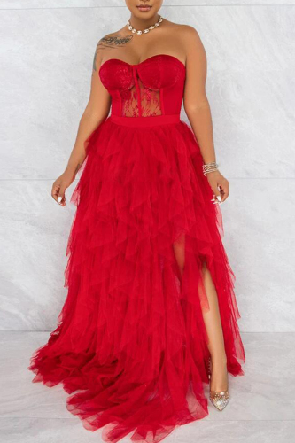 Elegant Formal Solid Slit Mesh Strapless Evening Dress Dresses