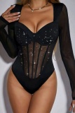 Sexy Solid Patchwork See-through V Neck Skinny Bodysuits