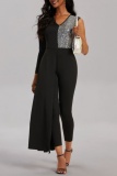 Casual Patchwork Asymmetrical Contrast V Neck Skinny Jumpsuits