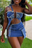 Denim Sexy Solid Hollowed Out Patchwork Pocket Cross Lace Up Sleeveless Crop Tops Mini Skirts Two Piece Sets
