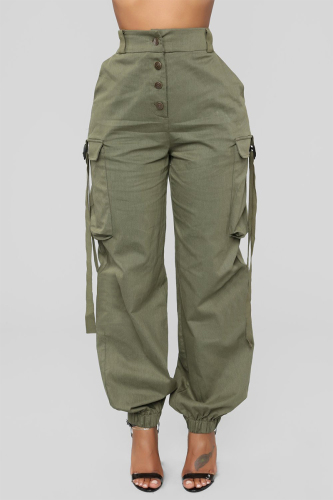Solid Color Loose Casual High Waist Cuffed Cargo Pants Trousers
