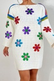 Casual Flowers Embroidered O Neck Long Sleeve Dresses