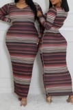 Casual Striped Print Basic O Neck Long Dress Dresses