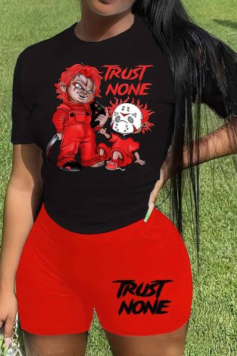 Casual Character Print Letter O Neck Short Sleeve Two Pieces