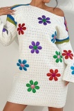 Casual Flowers Embroidered O Neck Long Sleeve Dresses