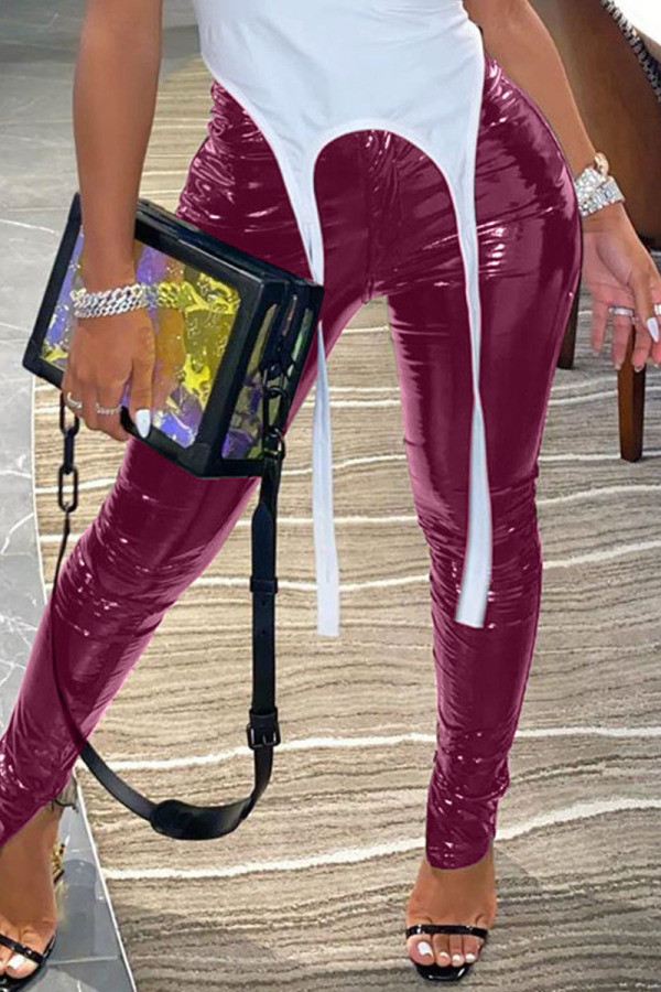 Casual Solid Slit Fold Skinny High Waist Pencil Solid Color Trousers