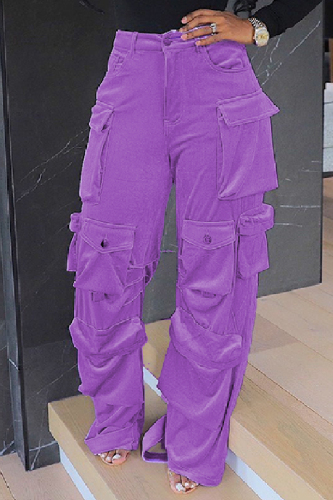 Casual Solid Patchwork Pocket Regular High Waist Conventional Solid Color Trousers