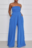 Casual Solid Color Sleeveless Strapless Cinch Waist Ruched Party Vacation Wide Leg Jumpsuit