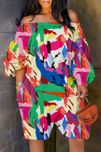 Casual Print Basic Off the Shoulder Regular Rompers
