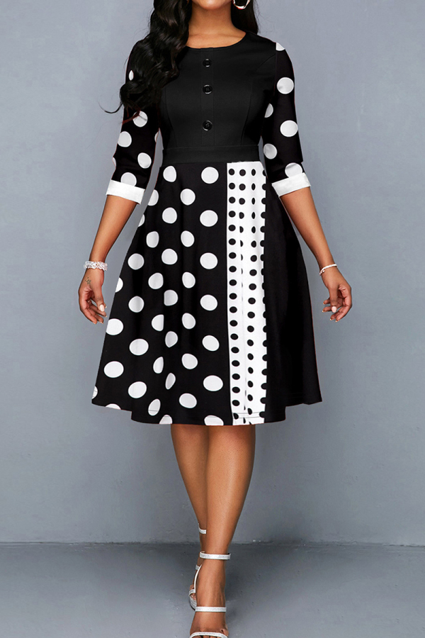 Elegant Dot Patchwork Buckle Zipper O Neck A Line Dresses