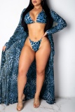 Leopard Print Long Sleeve Cover Up Bra and Shorts Vacation Beach Swimsuit Three Piece Set With Paddings
