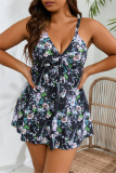 Sexy Print Backless V Neck Plus Size Swimwear (With Paddings)