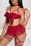 Solid Hollowed Out Patchwork With Bow Lingerie