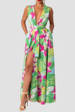 Floral Print Sleeveless Deep V Neck Lace Up Vacation Maxi Dress